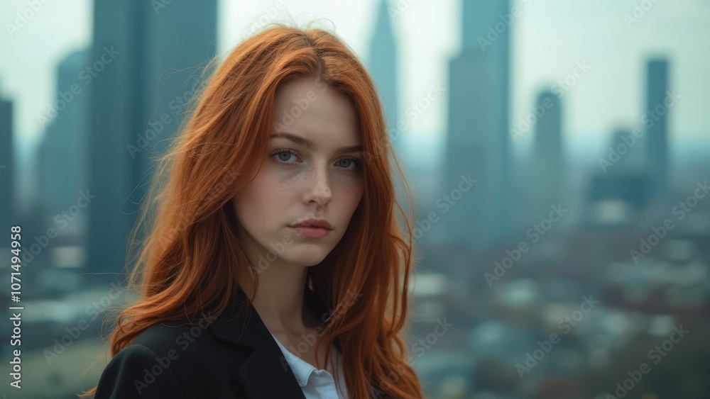 A woman with long red hair standing in front of a city skyline A woman with long red hair standing in front of a city skyline