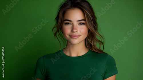 Smiling Woman in Green T-Sh...