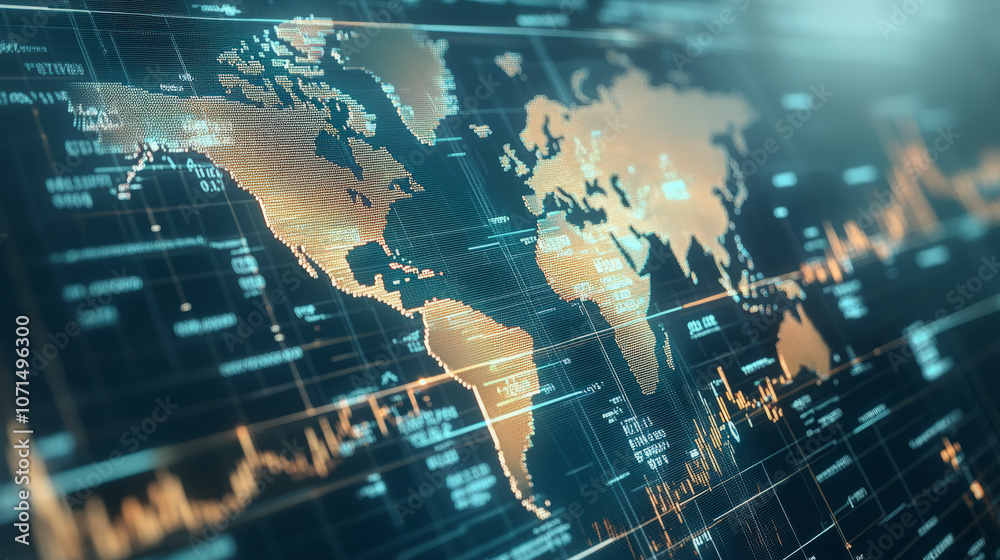 A digital world map overlayed with fluctuating financial graphs ...