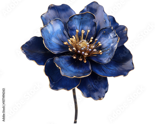 A decorative blue flower sculpture with intricate details and a golden center.