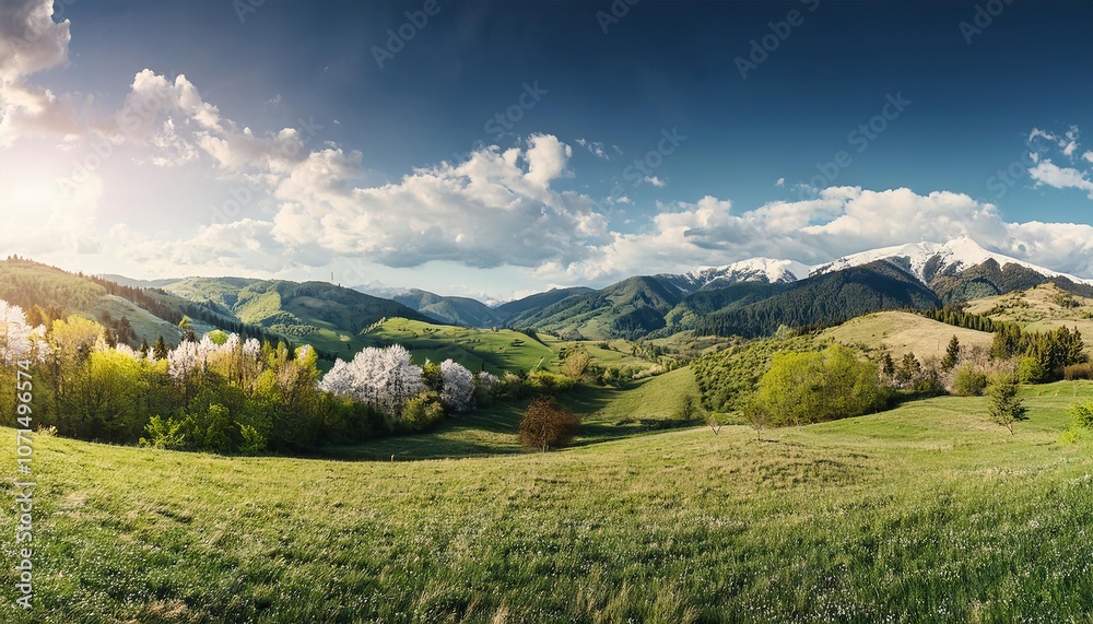 Naklejka premium A lush green meadow nestled at the foot of majestic mountains under a bright, blue sky.