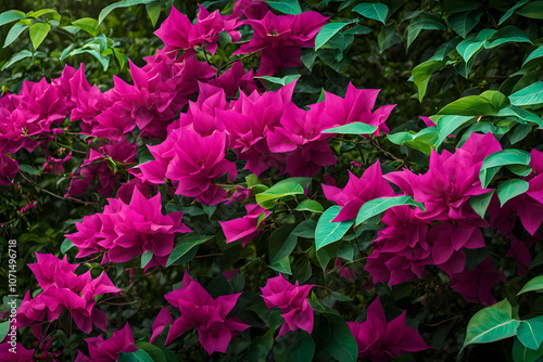 A burst of bright fuchsia bougainvillea against green jungle foliage, AI Generated