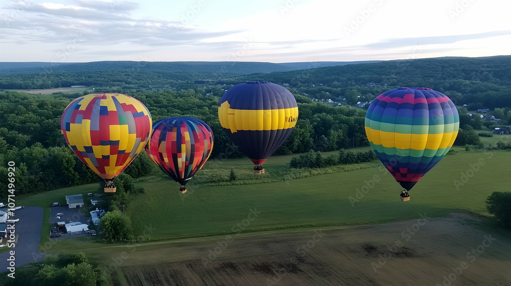 Obraz premium Four colorful hot air balloons flying over green fields and forests.