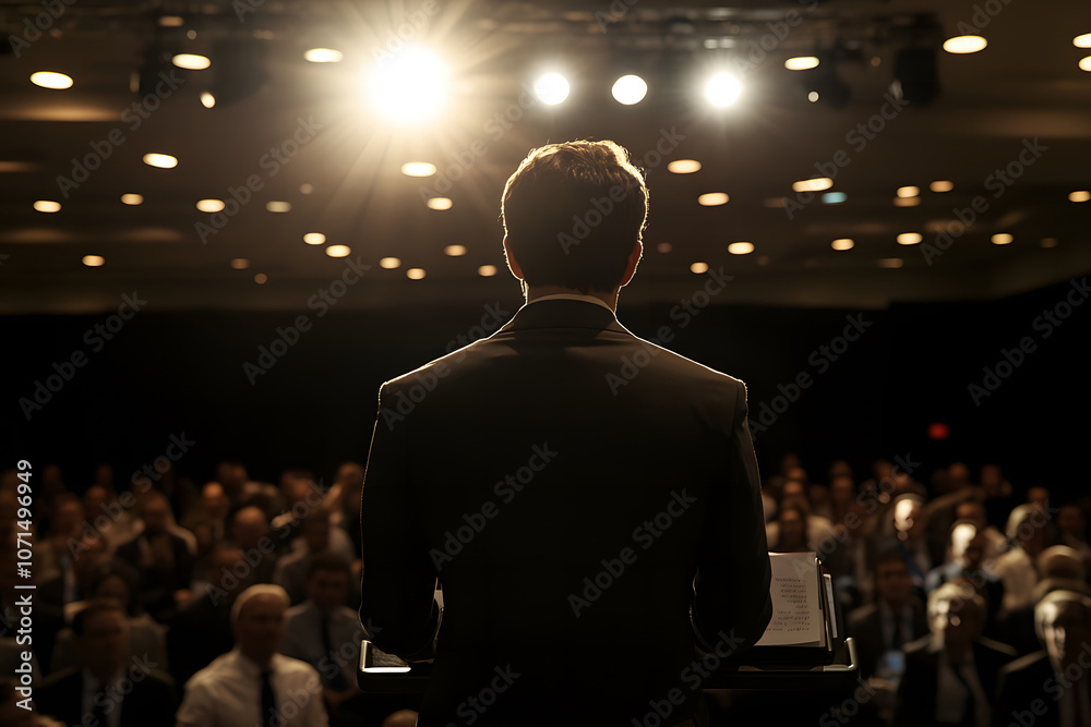 A business executive delivering a keynote speech in an auditorium A business executive delivering a keynote speech in an auditorium