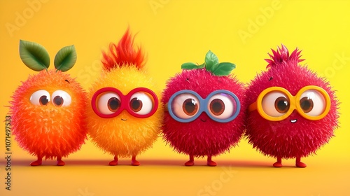 Four cute, colorful, fuzzy, round characters with big eyes and glasses standing in a row on a yellow background.