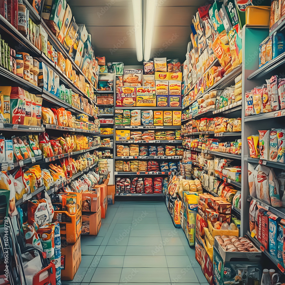Naklejka premium Illustration - Supermarket Aisle Filled with Colorful Snack Packages