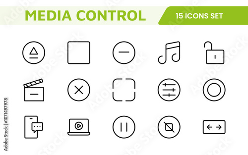 Media Control Icon Set. Sleek and intuitive audio and video playback icons are perfect for enhancing user interfaces in media apps, streaming services, and entertainment platforms.