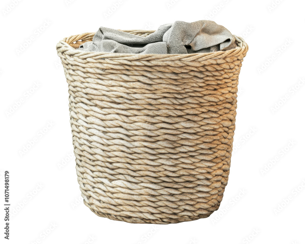 Obraz premium A woven basket filled with gray fabric, likely used for storage or laundry.