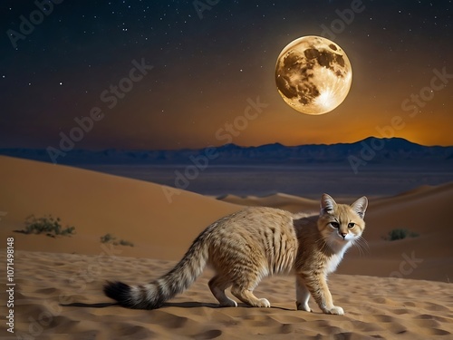 Sand Cat Walking on Desert Dunes Under a Full Moon photo