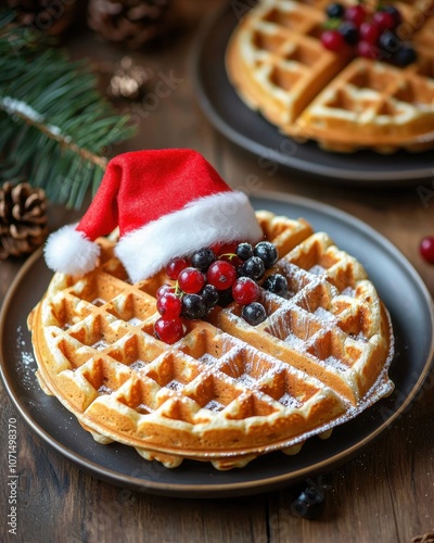 American food with Santa hat concept. Festively decorated waffles topped with berries and a Santa hat, perfect for holiday celebrations and cozy breakfasts