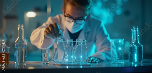 A man in a lab coat pouring liquid into a beaker