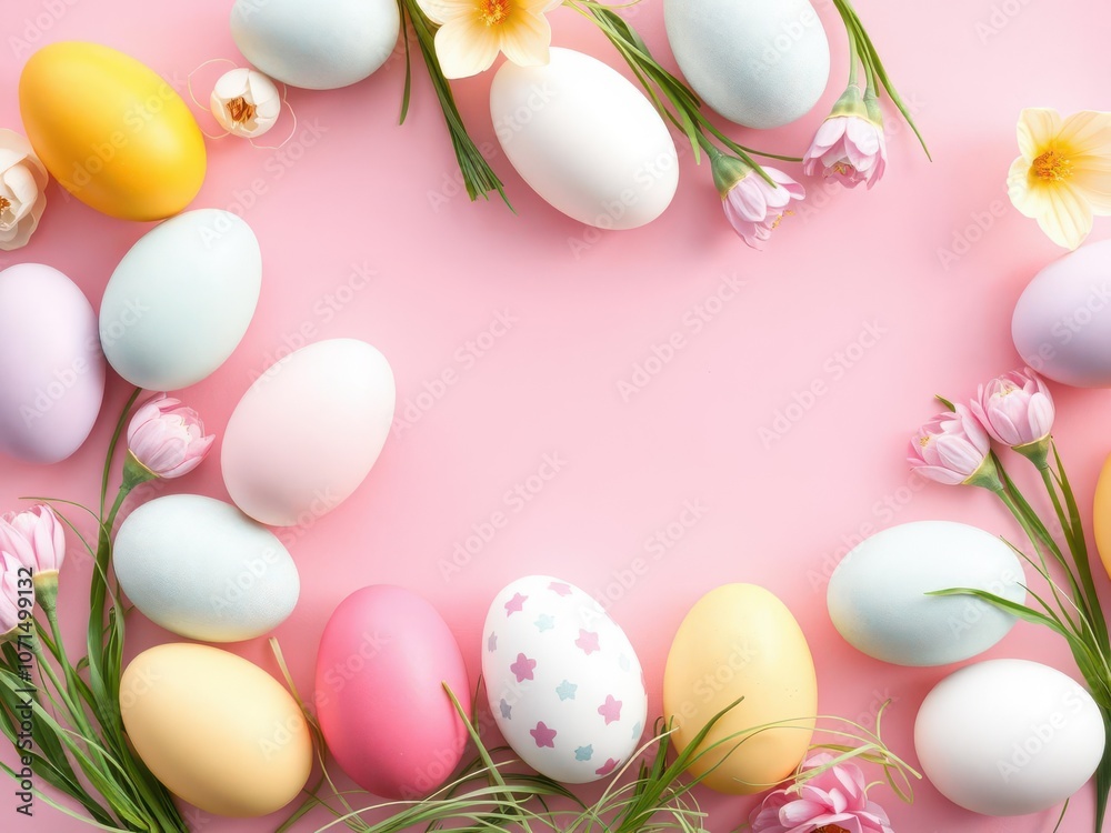 Pink and white Easter eggs arranged in a pattern on a pink background, decoration, pink