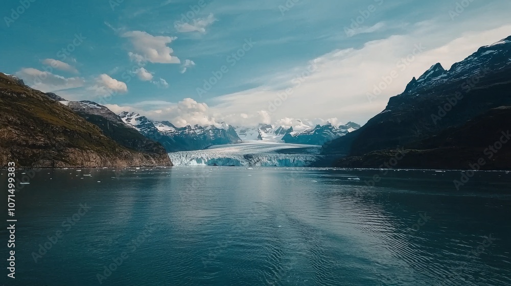 Glacier Melting into the Sea Amidst Majestic Mountains Glacier Melting into the Sea Amidst Majestic Mountains