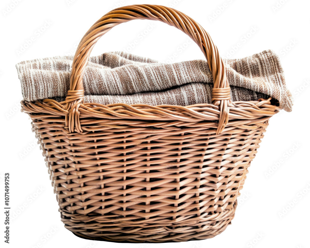 Obraz premium A woven basket containing a folded blanket, ideal for picnics or storage.
