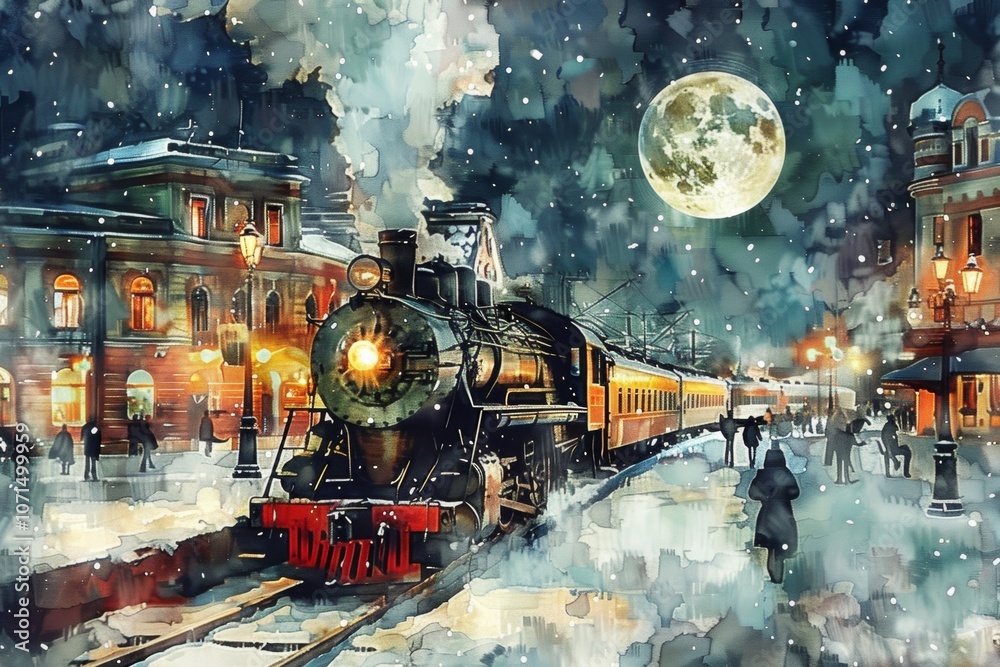 Obraz premium Old steam locomotive arrives at the station in the old city, night city, moon. Christmas train, winter evening in the old town, snowy weather, view of the city. Digital watercolor paintings.