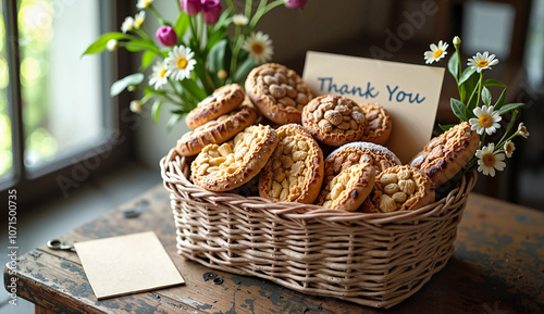 Baked cookies in a basket with flowers and a thank you note on a wooden table