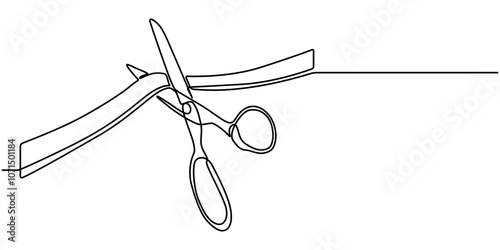 Scissors Cutting a Ribbon, Continuous one line drawing of cutting ribbon for grand opening, ribbon cutting ceremony for opening event or company concept, single line art, Opening Icon.