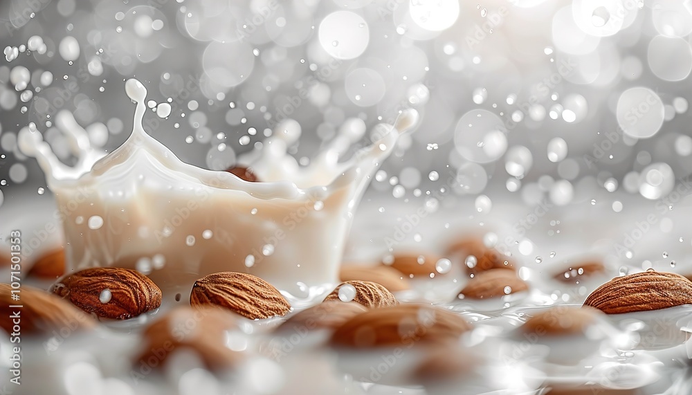 Milk splash with almonds isolated on transparent a white background Milk splash with almonds isolated on transparent a white background