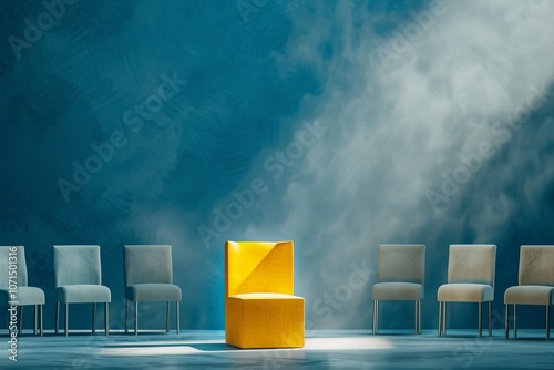 Yellow chair popping out among subdued chairs, under a spotlight against a blue studio backdrop