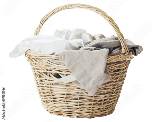 A woven laundry basket filled with assorted clean clothes.