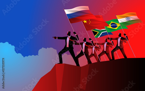 Businessmen from BRICS countries standing on a cliff, holding their national flags and pointing forward. Symbolizes collaboration and strategic vision among emerging economies