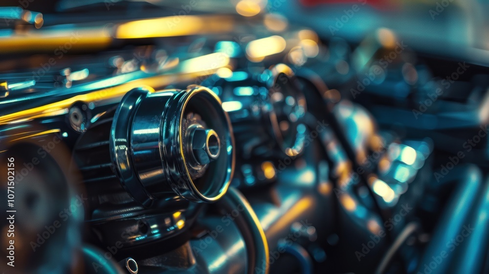 Fototapeta premium Close-up of a shiny, black car engine with a blurred background.