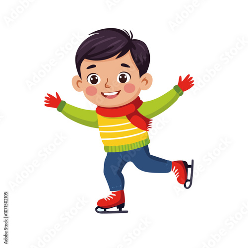 Boy child ice skating vector illustration in cartoon style. Cute image of winter sports and activities.