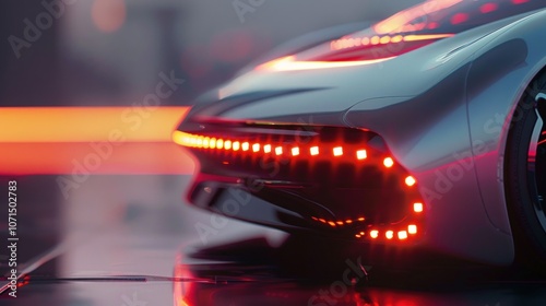 Close-up of a futuristic car's taillights with bright red LEDs against a blurred background. photo