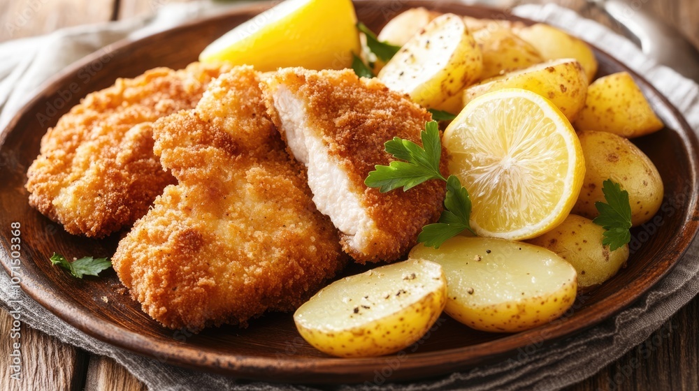 Fried Chicken Cutlets with Potatoes and Lemon Wedges Fried Chicken Cutlets with Potatoes and Lemon Wedges