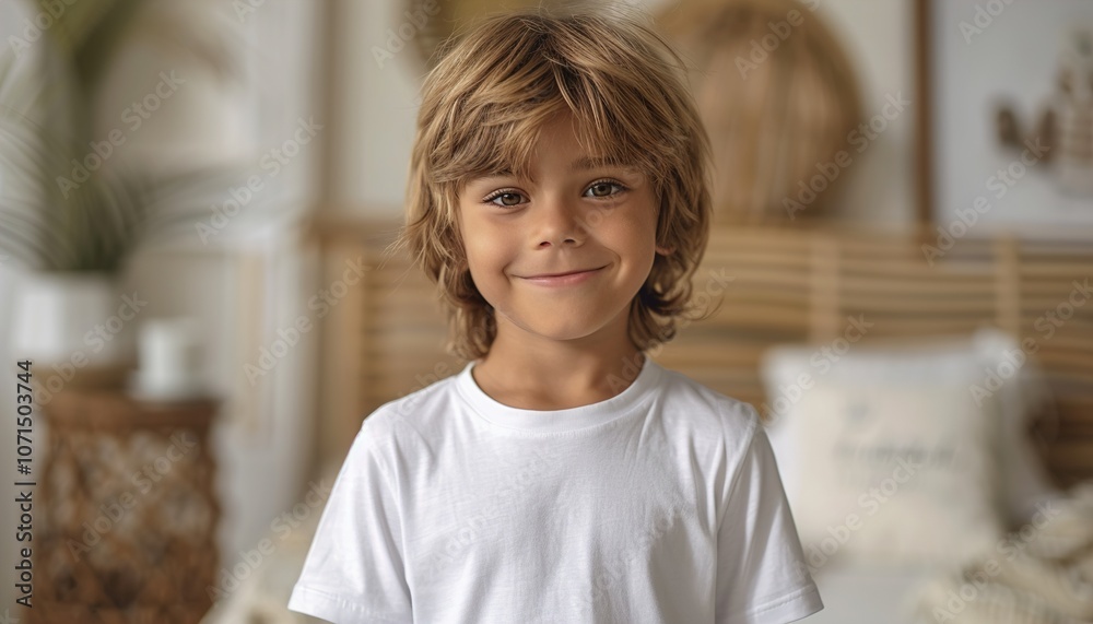 Mockup. Smiling boy in blank white tshirt standing inside room. Mockup. Smiling boy in blank white tshirt standing inside room.