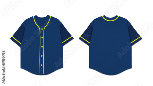 Blank blue baseball jersey mockup with yellow trim. Front and back view.