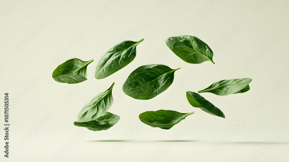 Naklejka premium Fresh green spinach leaves floating in mid-air against a white background.