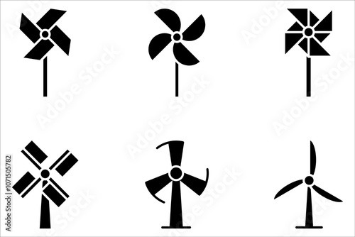 Windmill icon set. Silhouette and linear style on white background