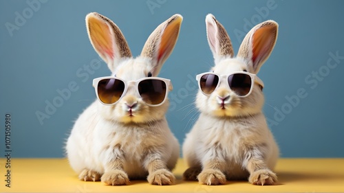 Rabbit couple wearing sunglasses in pale yellow bacjground photo