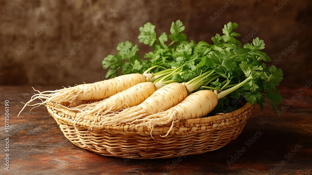 Fresh organic parsnips with green leaves in a wicker basket on a rustic wooden table. Fresh organic parsnips with green leaves in a wicker basket on a rustic wooden table.