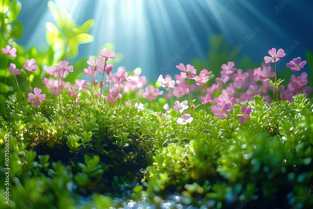 Obraz premium Delicate Pink Flowers Emerging Through Lush Green Foliage with Sunlight Streaming Down