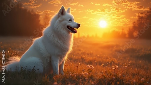 A white dog sitting in a field of flowers at sunset