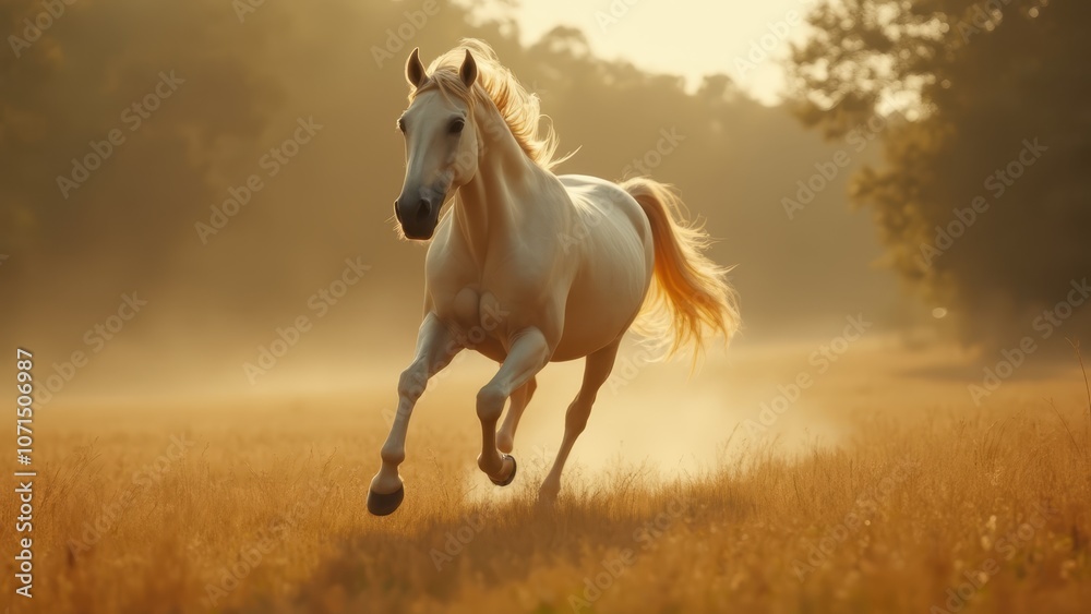A white horse galloping in a field of tall grass A white horse galloping in a field of tall grass