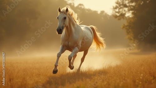 A white horse galloping in a field of tall grass