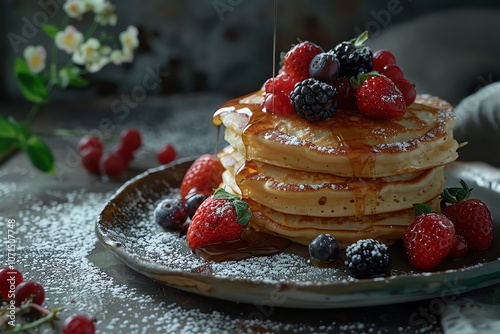 A stack of fluffy pancakes drizzled with maple syrup and topped with fresh berries. photo