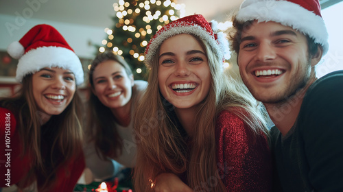 Goup of friends celebrating christmas	 photo