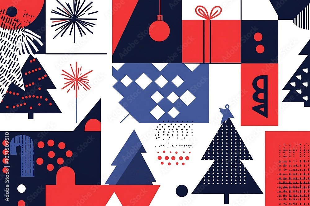 Obraz premium Holiday Seamless Pattern with Christmas symbols. Xmas winter poster collection. Merry Christmas, Happy New Year seamless pattern holly leaves and berries for greeting cards, wrapping papers.