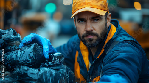 Man in Blue Gloves Holding ...