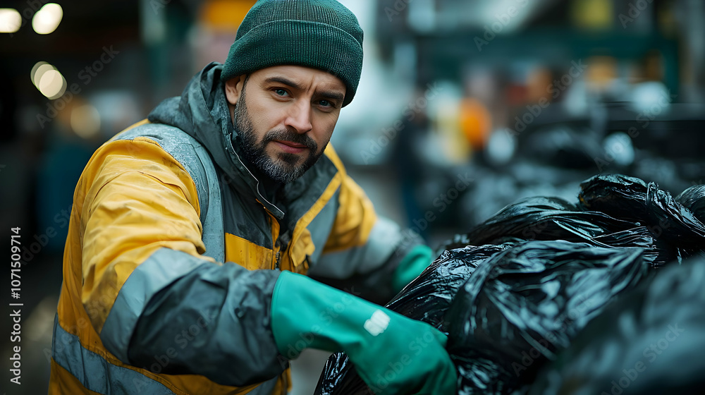 Fototapeta premium Man in Green Gloves and Yellow Jacket Picking Up Garbage - Photo