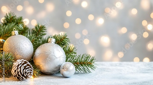 Elegant Silver Christmas Ornaments Surrounded by Pine Branches