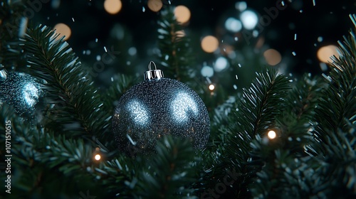 Elegant Silver Christmas Ornaments Surrounded by Pine Branches