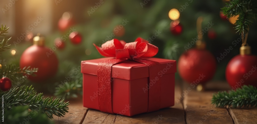 A red gift box with a red ribbon and bow on a wooden table A red gift box with a red ribbon and bow on a wooden table