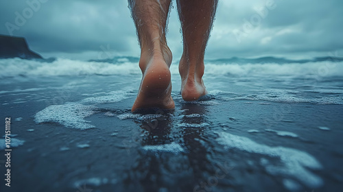 Bare Feet Walking on Wet Sa...