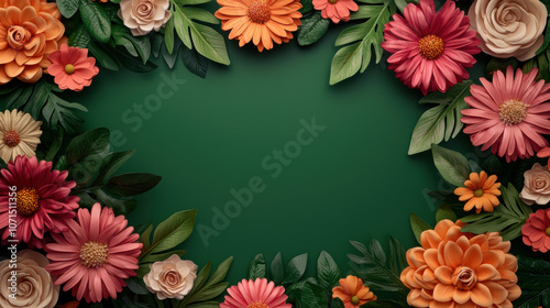 Wallpaper Mural A vibrant frame of assorted flowers and lush green leaves set against a rich green background, creating a lively, botanical aesthetic. Torontodigital.ca