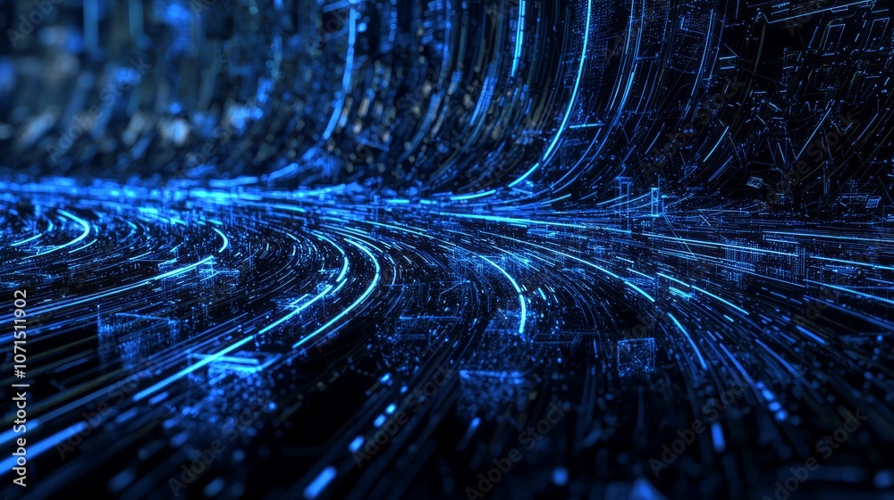 Fototapeta premium Cybersecurity Evolution - Abstract Digital Network 3D Render with Swirling Lines and Icons